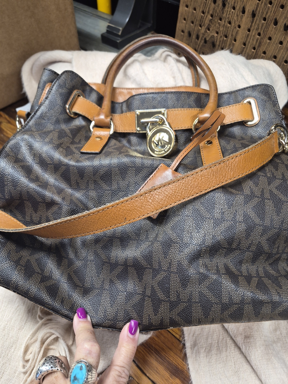 Michael Kors Brown Monogram Crossbody with Tan Leather and Gold Hardware
